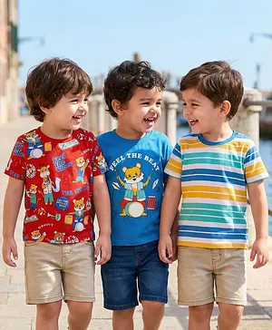 Babyhug Cotton Knit Half Sleeves
                              T-Shirts with Animal Print & Stripes
                              Pack of 3 - Blue & Red
