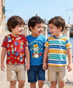 Babyhug Cotton Knit Half Sleeves T-Shirts with Animal Print & Stripes Pack of 3 - Blue & Red