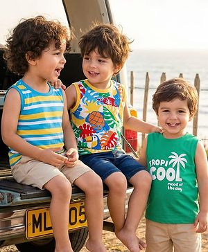 Babyhug Cotton Knit Sleeveless Tank T-Shirts with Tropical Theme Print Pack of 3 - Mint & Light Blue