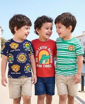 Babyhug Cotton Knit Half Sleeves T-Shirts with Animal Print & Stripes Pack of 3 - Red Navy Blue & Mint