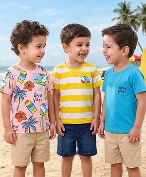 Babyhug Cotton Knit Half Sleeves T-Shirts with Beach Theme Print Pack of 3 - Yellow Blue & Pink