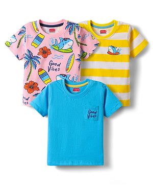 Babyhug Cotton Knit Half Sleeves T-Shirts with Beach Theme Print Pack of 3 - Yellow Blue & Pink