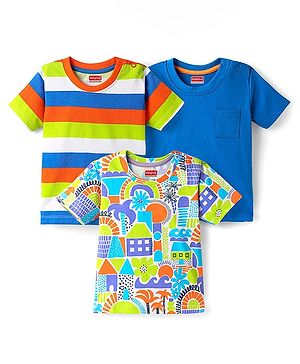 Babyhug Cotton Knit Half Sleeves T-Shirts with Beach Theme Print & Stripes Pack of 3 - Multicolor