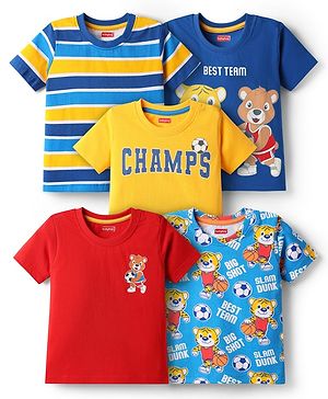 Babyhug Cotton Knit Half Sleeves T-Shirts with Stripes & Sports Theme Print Pack of 5 - Multicolor