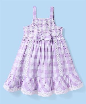 Babyhug Cotton Woven Sleeveless Checks Frock With Bow Applique & Smocked Detailing - Lilac