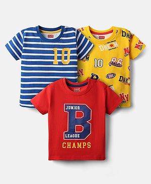 Babyhug Cotton Knit Half Sleeves T-Shirts with Sports Theme Print & Stripes Pack of 3 - Red Yellow & Blue