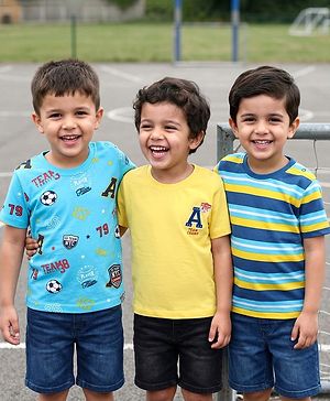 Babyhug Cotton Knit Half Sleeves T-Shirts with Stripes & Sport Theme Print Pack of 3 - Light Blue & Yellow
