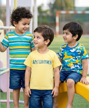 Babyhug Cotton Knit Half Sleeves T-Shirt With Stripes & Awesome Text Print Pack Of 3 - Yellow & Light Blue