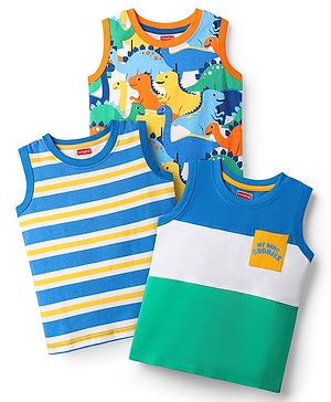 Babyhug Cotton Knit Sleeveless Tank T-Shirts with Dino Print & Stripes Pack of 3 - Multicolor