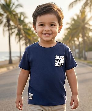 Babyhug Cotton Knit Half Sleeves T-Shirt with Front & Back Beach Theme Print - Navy Blue