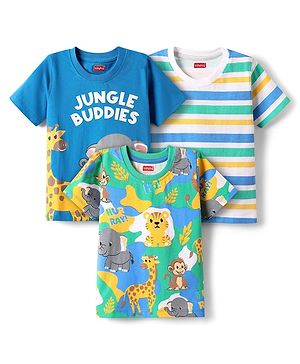 Babyhug Cotton Knit Half Sleeves T-Shirt with Jungle Theme Print & Stripes Pack of 3 - Blue White & Light Green