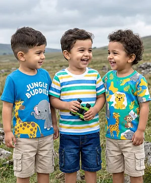 Babyhug Cotton Knit Half Sleeves
                              T-Shirt with Jungle Theme Print &
                              Stripes Pack of 3 - Blue White & Light
                              Green