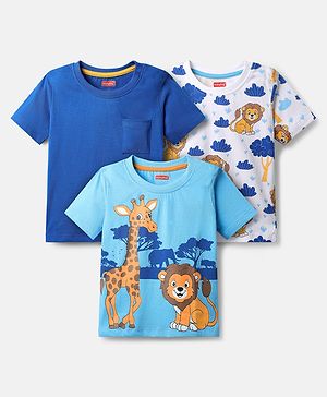 Babyhug Cotton Knit Half Sleeves T-Shirts with Jungle Theme Print Pack of 3 - Blue & White