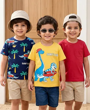 Babyhug Cotton Knit Half Sleeves
                              T-Shirts with Dino Print Pack of 3 - Red
                              Yellow & Navy Blue