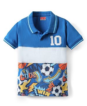 Babyhug Cotton Knit Half Sleeves Polo T-Shirt With Football Graphics - Blue