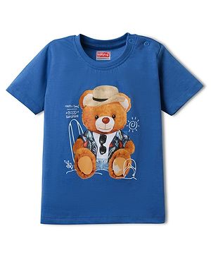 Babyhug Cotton Knit Half Sleeves T-Shirt With Teddy Bear Print - Blue