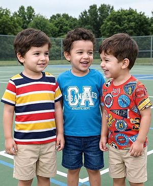 Babyhug Cotton Knit Half Sleeves T-Shirt With Stripes & Awesome Text Print Pack Of 3 - Yellow Red & Blue