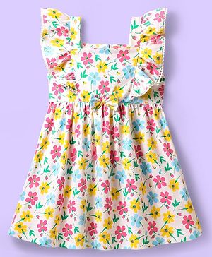 Babyhug Cotton Woven Frill Sleeves Frock with Floral Print & Bow Applique - White