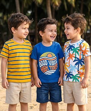 Babyhug Cotton Knit Half Sleeves T-Shirt With Stripes & Good Vibes Text Print Pack Of 3 - Yellow  & Blue