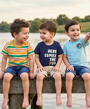 Babyhug Cotton Knit Half Sleeves T-Shirts with Text Print & Stripes Pack of 3 - Orange Navy & Light Blue