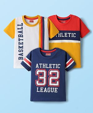 Babyhug Cotton Knit Half Sleeves T-Shirts with Color Block & Sport Theme Print Pack of 3 - Navy Blue & Yellow