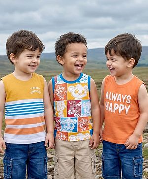 Babyhug Cotton Knit Sleeveless Tank T-Shirts with Safari Print & Stripes Pack of 3 - Multicolor