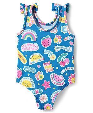 Babyhug Water Repellant  Sleeveless V Cut Swimsuit With Tropical Prints & Bow Applique - Blue