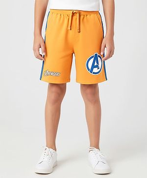 Pine Kids Marvel 100% Cotton Knee Length Shorts With Avengers Graphics & Tape Detailing - Orange