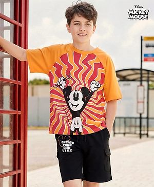 Pine Kids Disney Single Jersey Knit Raglan Drop Shoulder Oversize Half Sleeves T-Shirt & Shorts with Mickey Mouse Graphics with Pocket Detailing - Yellow