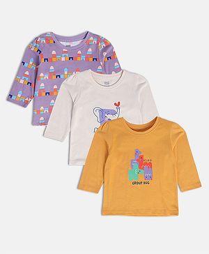MINI KLUB Pack Of 3 Cotton Full Sleeves Elephant & Group Hug Text Printed Knit Tops - Mauve Purple & Orange