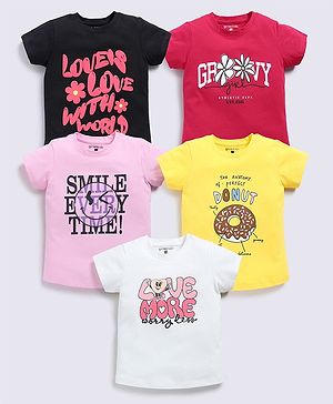 giniekids Pack Of 5 Cotton Half Sleeves Typography & Floral Printed Tees - Multi Colour