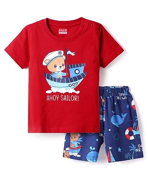 Babyhug Cotton Knit Half Sleeves Shorts Night Suit With Animal Print - Red & Blue