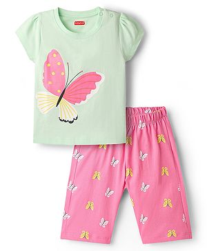 Babyhug Cotton Knit Half Sleeves Capri Night Suit With Butterfly Print - Mint & Pink