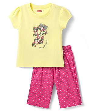 Babyhug Cotton Knit Half Sleeves Capri Night Suit with Kitty & Polka Dots Print - Yellow & Dark Pink