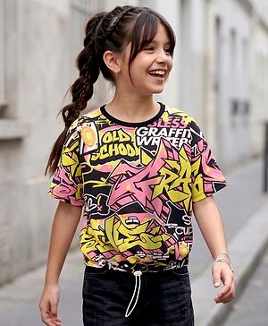Pine Kids Cotton Knit Half Sleeves Drop Shoulder T-Shirt with Old School Text Print - Black