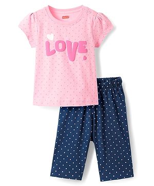 Babyhug Cotton Knit Half Sleeves Capri Night Suit With Polka Dots & Love Text Print - Mint & Pink