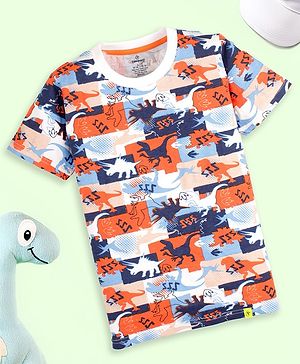 Kiddopanti Cotton Half Sleeves Dinosaurs Printed Tee - Neon Orange