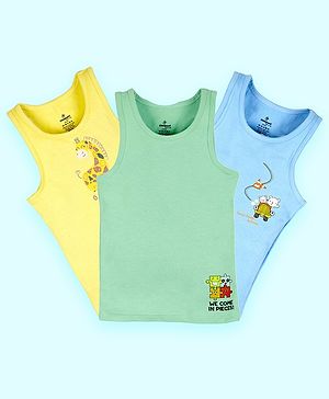 Kiddopanti Cotton Pack Of 3 Sleeveless Animals & Puzzle Printed Vests - Light Green Yellow & Blue