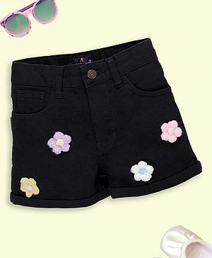 Kiddopanti Denim Shorts Floral Embroidered Shorts - Black