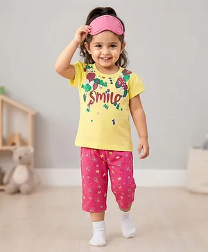 Babyhug Cotton Knit Half Sleeves
                              Capri Night Suit with Butterfly &
                              Smile Text Print - Yellow & Dark Pink