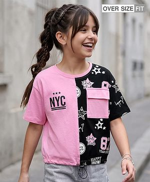 Pine Kids Cotton Knit Half Drop Shoulder Sleeves Cut & Sew T-Shirt with Star Print - Pink