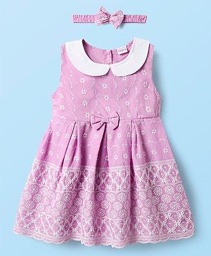 Babyhug Cotton Knit Sleeveless Frock With Embroidery & Headband - Lilac