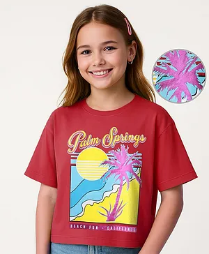 Pine Kids Cotton Knit Drop Shoulder
                              Half Sleeves T-Shirt With Palm Spring Text
                              Print - Dark Pink