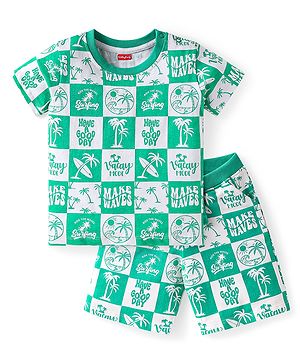 Babyhug Single Jersey Knit Half Sleeves Co-ords T-Shirt & Shorts Set with Beach Theme Print - Light Green