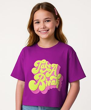 Pine Kids Cotton Knit Half Drop Shoulder Sleeves T-Shirt with Text Print - Purple