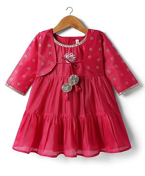 Babyhug Woven Ethnic Dress & Three Fourth Sleeves Jacket With Floral Print & Embroidery - Dark Pink