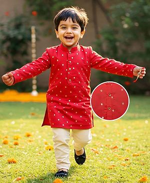 Babyhug Woven Full Sleeves Kurta & Pajama Set With Foil Polka Dot Print - Red & White