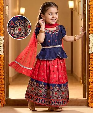 Babyhug Woven Half Sleeves Choli Lehenga Set & Dupatta With Sequin Floral Embroidery & Lace Detailing - Red