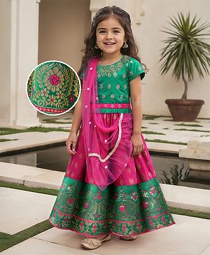 Babyhug Woven Half Sleeves Choli Lehenga Set & Sequinned Dupatta With Floral Embroidery & Lace Detailing - Fuchsia
