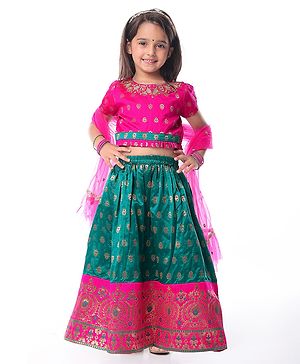 Babyhug Woven Half Sleeves Choli Lehenga Set & Dupatta With Sequin Floral Embroidery & Lace Detailing - Green